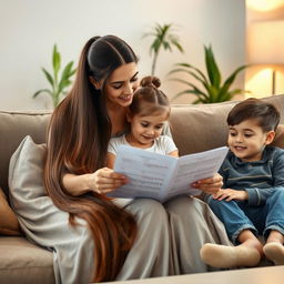 A mother with extremely long and silky smooth hair, wearing a comfortable dress, sitting on a sofa with her daughter and son