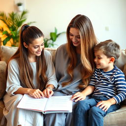 A mother with extremely long and silky smooth hair, wearing a comfortable dress, sitting on a sofa with her daughter and son