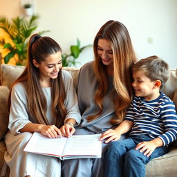 A mother with extremely long and silky smooth hair, wearing a comfortable dress, sitting on a sofa with her daughter and son