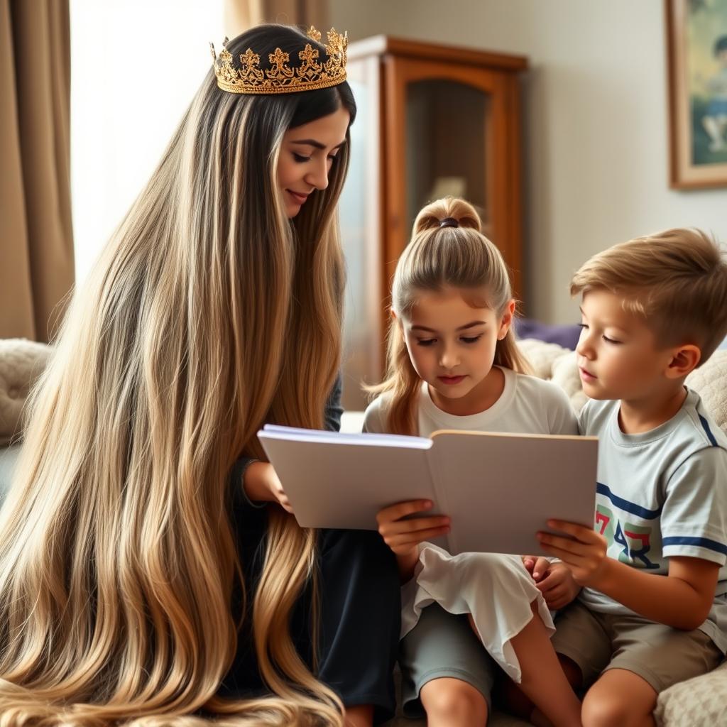 A mother with extremely long, silky hair flowing down, adorned with a golden crown, is assisting her daughter, who has her hair styled in a ponytail, to study