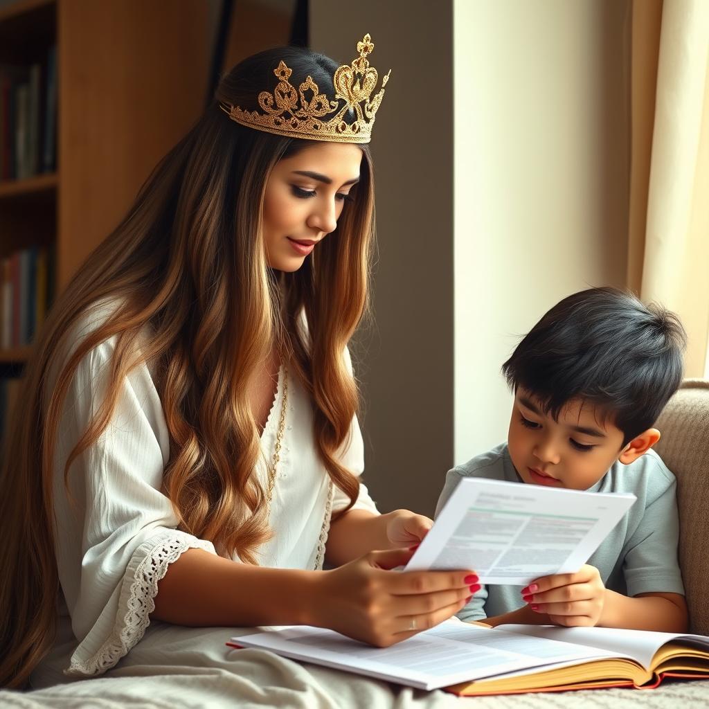 A mother with extremely long, silky hair flowing down, adorned with a golden crown, is assisting her daughter, who has her hair styled in a ponytail, to study