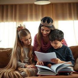 A mother with extremely long, silky hair flowing down, adorned with a golden crown, is assisting her daughter, who has her hair styled in a ponytail, to study