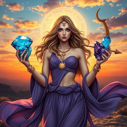 A dynamic Sagittarius Goddess holding Sodalite, Blue Topaz, Turquoise, and Amethyst, each gemstone shimmering with wisdom and adventurous spirit