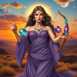 A dynamic Sagittarius Goddess holding Sodalite, Blue Topaz, Turquoise, and Amethyst, each gemstone shimmering with wisdom and adventurous spirit