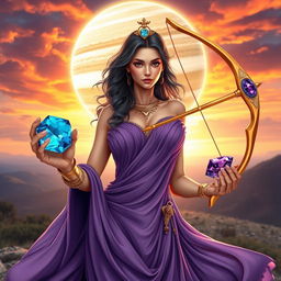 A dynamic Sagittarius Goddess holding Sodalite, Blue Topaz, Turquoise, and Amethyst, each gemstone shimmering with wisdom and adventurous spirit