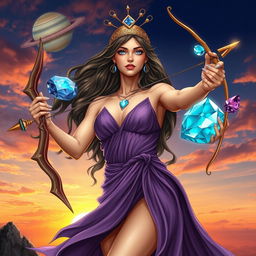 A dynamic Sagittarius Goddess holding Sodalite, Blue Topaz, Turquoise, and Amethyst, each gemstone shimmering with wisdom and adventurous spirit