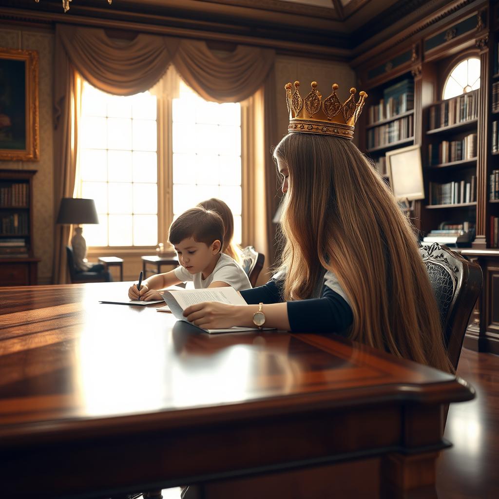 A mother with extremely long, silky hair embellished with a golden crown, sitting at a grand wooden table