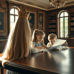 A mother with extremely long, silky hair embellished with a golden crown, sitting at a grand wooden table