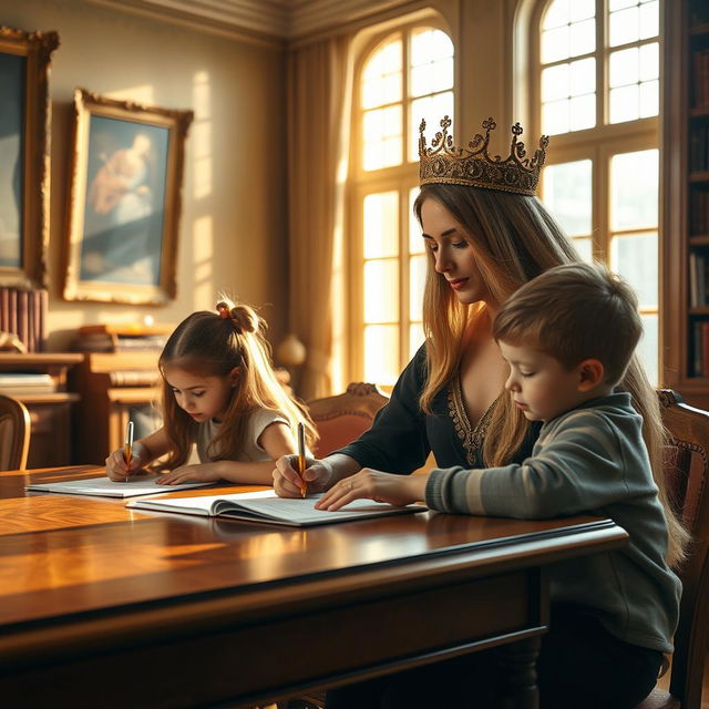 A mother with extremely long, silky hair embellished with a golden crown, sitting at a grand wooden table