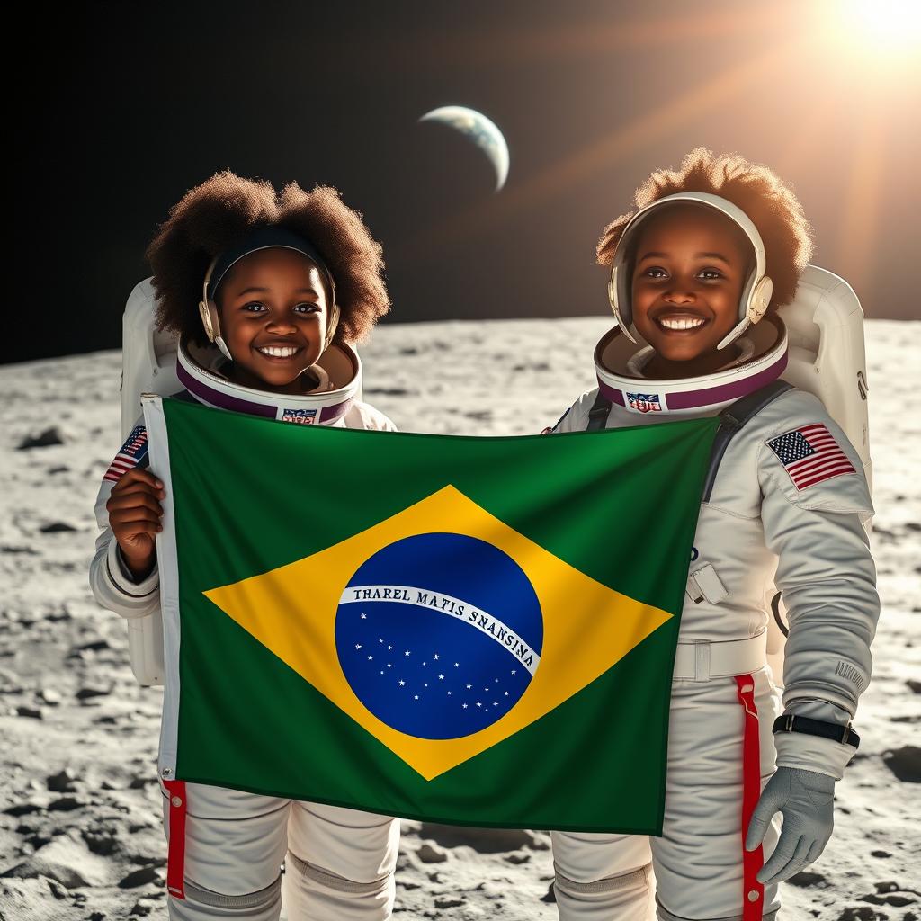 Two Black girls smiling, wearing astronaut suits, standing on the moon while holding the Brazilian flag