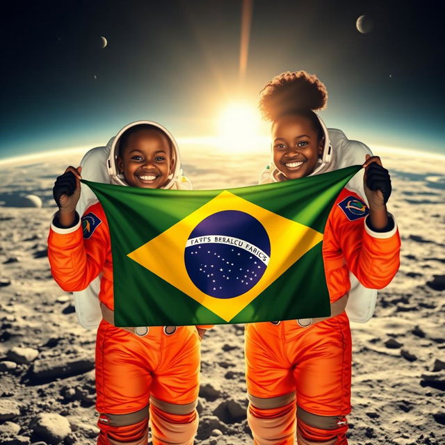 Two Black girls smiling, wearing astronaut suits, standing on the moon while holding the Brazilian flag