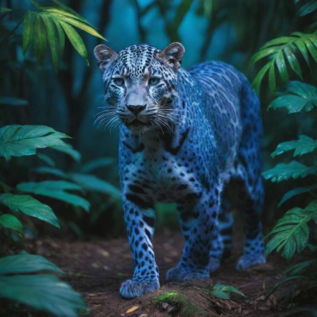 A vibrant, iridescent leopard struts confidently through a lush, blue-tinted jungle, its shimmering coat reflects the glow of the neon foliage.