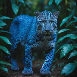 A vibrant, iridescent leopard struts confidently through a lush, blue-tinted jungle, its shimmering coat reflects the glow of the neon foliage.