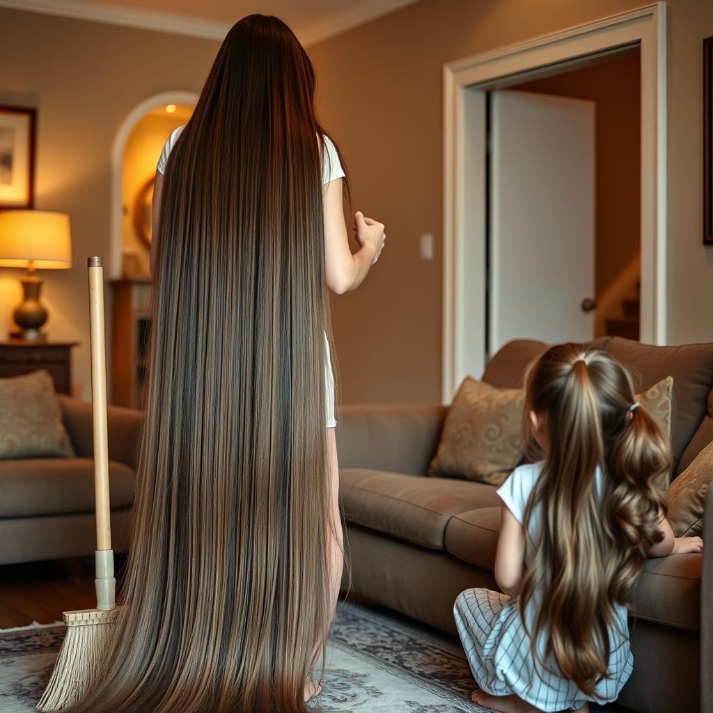 A mother with extremely long, silky hair cascading down, standing while cleaning the house with a broom