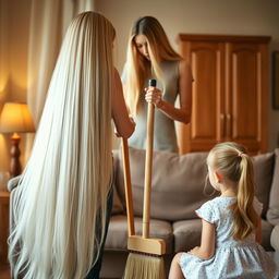 A mother with extremely long, silky hair cascading down, standing while cleaning the house with a broom