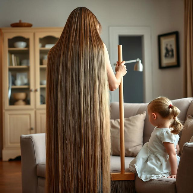 A mother with extremely long, silky hair cascading down, standing while cleaning the house with a broom