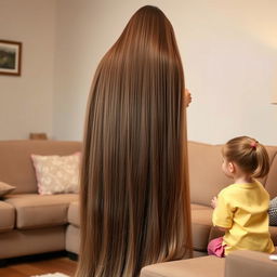 A mother with extremely long, silky hair cascading down, standing while cleaning the house with a broom