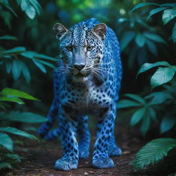 A vibrant, iridescent leopard struts confidently through a lush, blue-tinted jungle, its shimmering coat reflects the glow of the neon foliage.