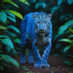 A vibrant, iridescent leopard struts confidently through a lush, blue-tinted jungle, its shimmering coat reflects the glow of the neon foliage.