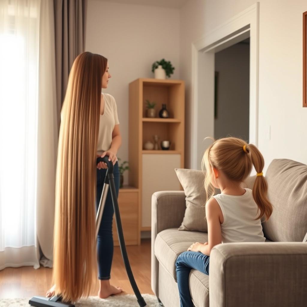 A mother with very long and silky smooth hair cascading down, standing and cleaning the house with a vacuum cleaner