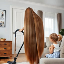 A mother with very long and silky smooth hair cascading down, standing and cleaning the house with a vacuum cleaner