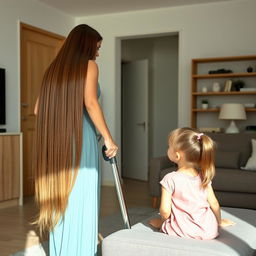 A mother with very long and silky smooth hair cascading down, standing and cleaning the house with a vacuum cleaner