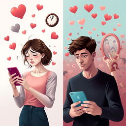 A conceptual digital illustration depicting the psychological impact of dating apps on modern men and women