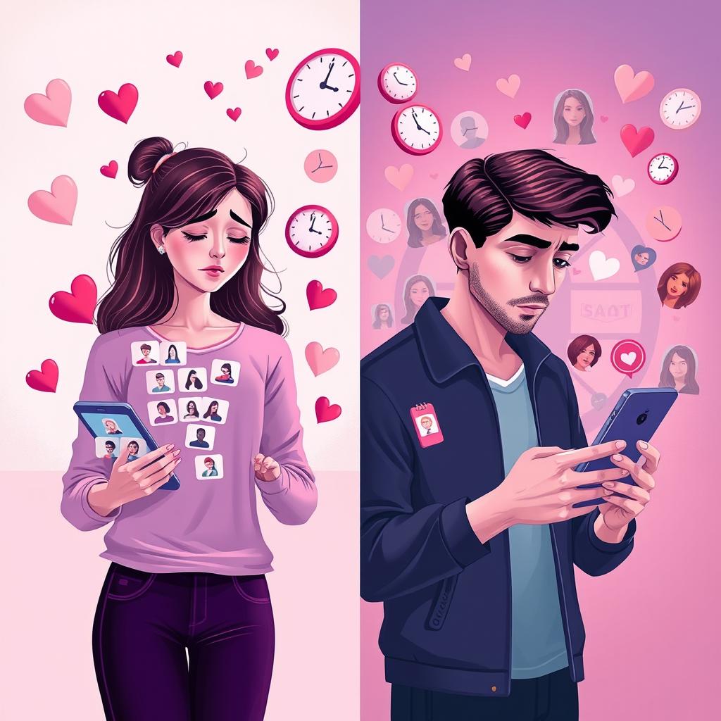 A conceptual digital illustration depicting the psychological impact of dating apps on modern men and women