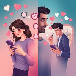 A conceptual digital illustration depicting the psychological impact of dating apps on modern men and women