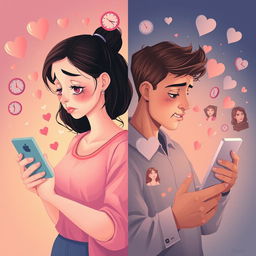 A conceptual digital illustration depicting the psychological impact of dating apps on modern men and women