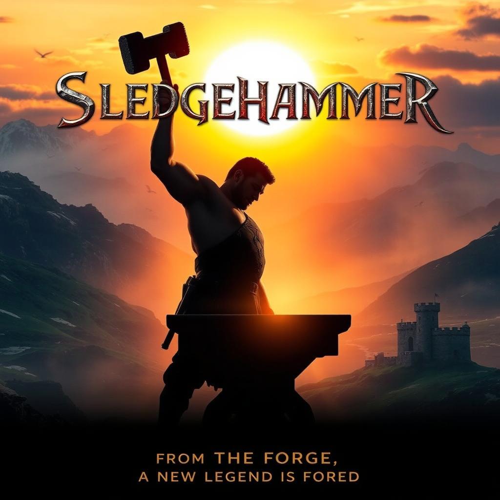 A movie poster for a fantastic epic film titled "Sledgehammer" about a blacksmith who becomes a hero throughout medieval Norway