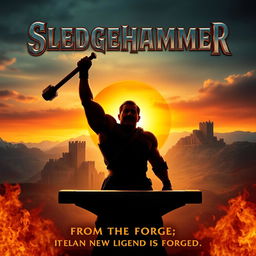 A movie poster for a fantastic epic film titled "Sledgehammer" about a blacksmith who becomes a hero throughout medieval Norway