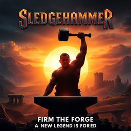 A movie poster for a fantastic epic film titled "Sledgehammer" about a blacksmith who becomes a hero throughout medieval Norway