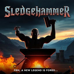 A movie poster for a fantastic epic film titled "Sledgehammer" about a blacksmith who becomes a hero throughout medieval Norway