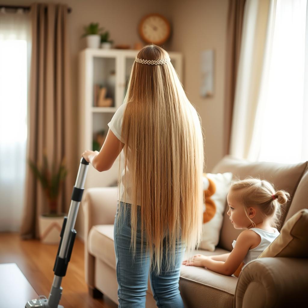 In a cozy living room, a mother stands gracefully cleaning with a vacuum cleaner