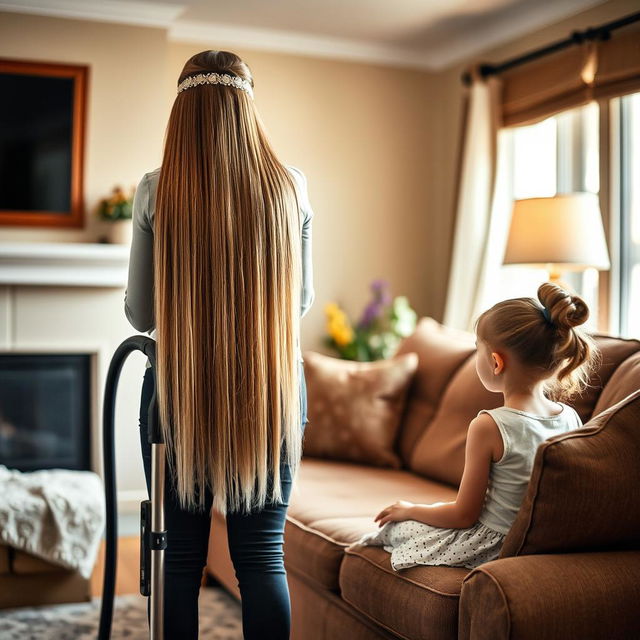 In a cozy living room, a mother stands gracefully cleaning with a vacuum cleaner