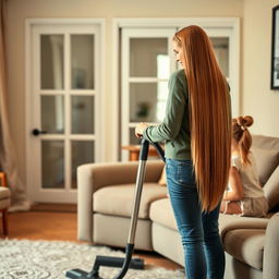 In a cozy living room, a mother stands gracefully cleaning with a vacuum cleaner