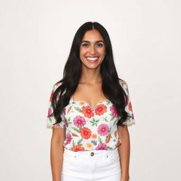 A woman smiling, dressed in a colorful floral top and white denim skirt, standing indoors against a plain background