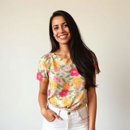 A woman smiling, dressed in a colorful floral top and white denim skirt, standing indoors against a plain background