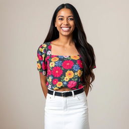 A woman smiling, dressed in a colorful floral top and white denim skirt, standing indoors against a plain background