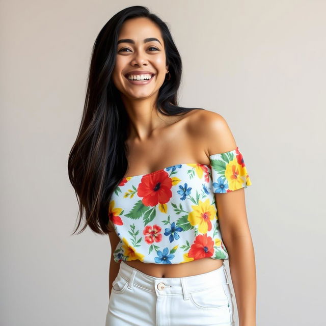 A woman smiling, dressed in a colorful floral top and white denim skirt, standing indoors against a plain background