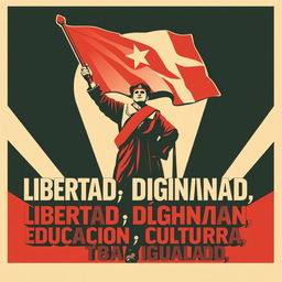 A vintage-style protest poster inspired by old Russian propaganda posters, featuring the words "Libertad, Dignidad, Educación, Cultura, Igualdad" prominently