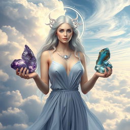 An ethereal Aquarius Goddess holding Amethyst, Labradorite, Aquamarine, and Hematite, each gemstone resonating with visionary and intellectual energy