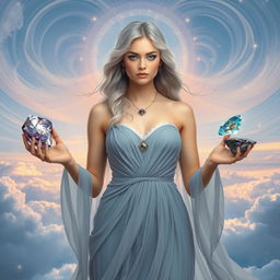 An ethereal Aquarius Goddess holding Amethyst, Labradorite, Aquamarine, and Hematite, each gemstone resonating with visionary and intellectual energy