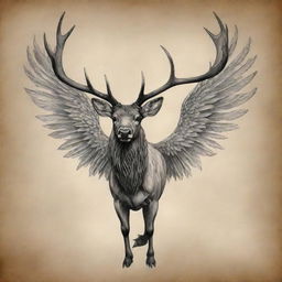 A captivating tattoo design featuring an elk with grand wings, a surreal expression of nature's majesty.