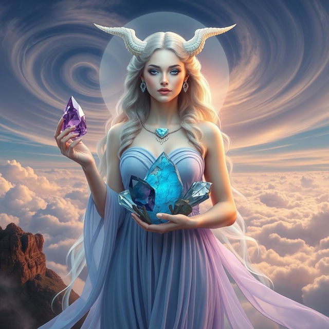 An ethereal Aquarius Goddess holding Amethyst, Labradorite, Aquamarine, and Hematite, each gemstone resonating with visionary and intellectual energy