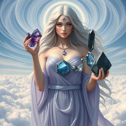 An ethereal Aquarius Goddess holding Amethyst, Labradorite, Aquamarine, and Hematite, each gemstone resonating with visionary and intellectual energy