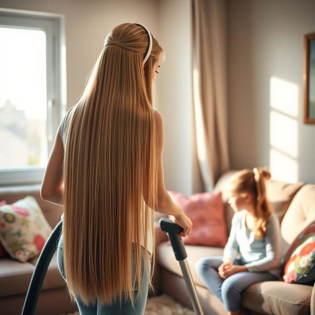 A woman with long, silky hair reaching the middle of her back, wearing a hairband