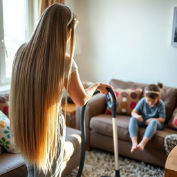 A woman with long, silky hair reaching the middle of her back, wearing a hairband