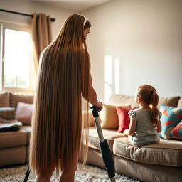 A woman with long, silky hair reaching the middle of her back, wearing a hairband